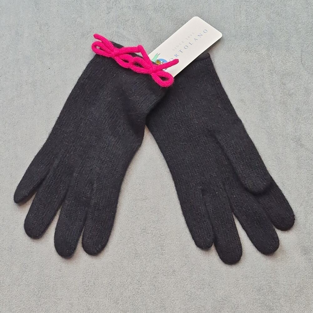 Portolano 100% Cashmere Gloves Black With Pink Bows Womens One Size 8.5" Length